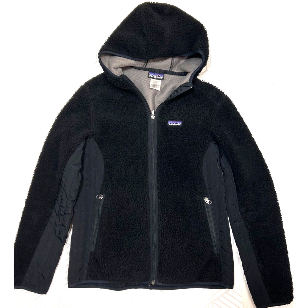 Patagonia Retro X Pile Hoodie Jacket Womens size Large Black Full Zip Sherpa v